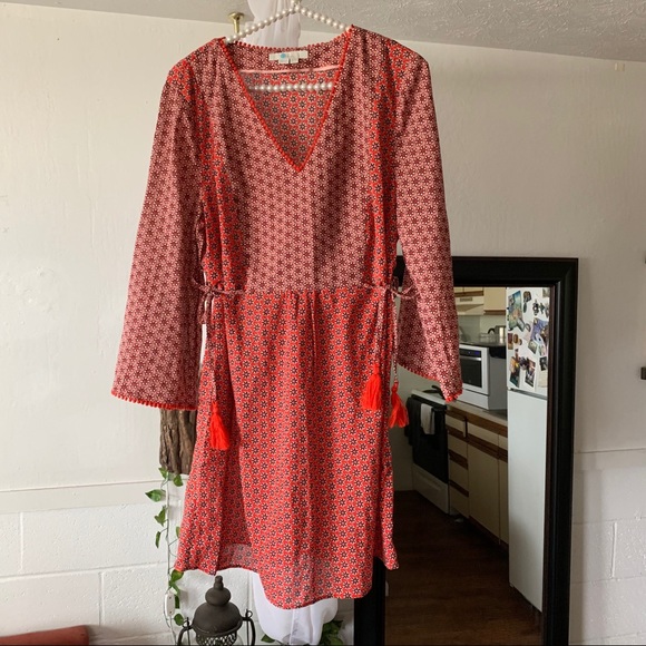 Boden Red Floral Print Tunic Dress Tassel Pom Pom - Picture 8 of 13